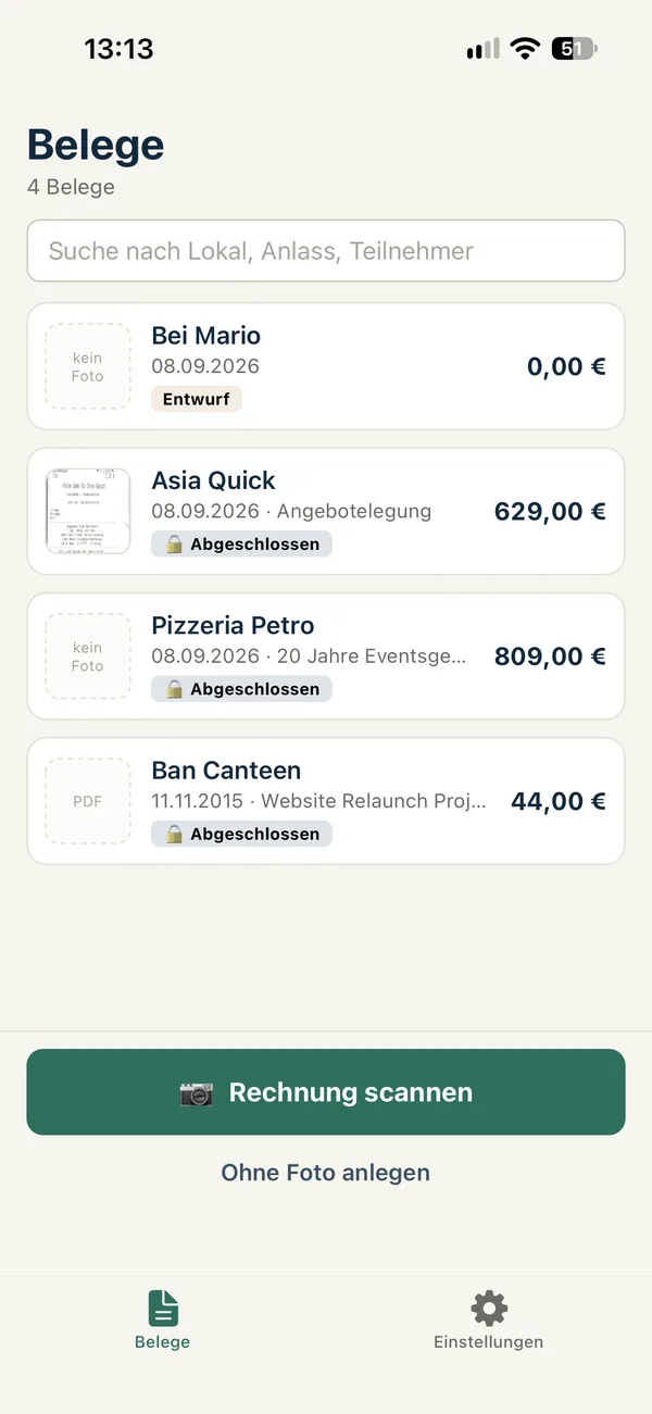The app's receipt list: four business meal receipts, one draft and three completed and locked.