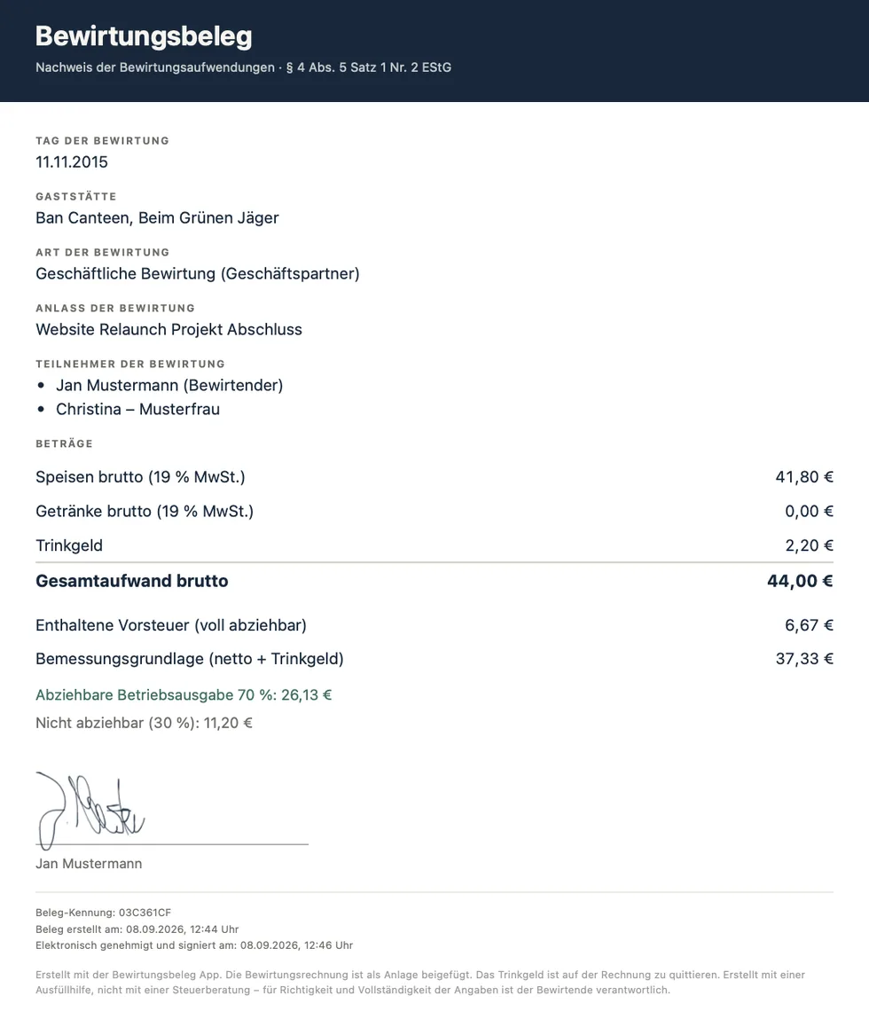 The finished PDF: date, restaurant, occasion, participants, amounts, input VAT, the deductible 70 %, signature and timestamp.