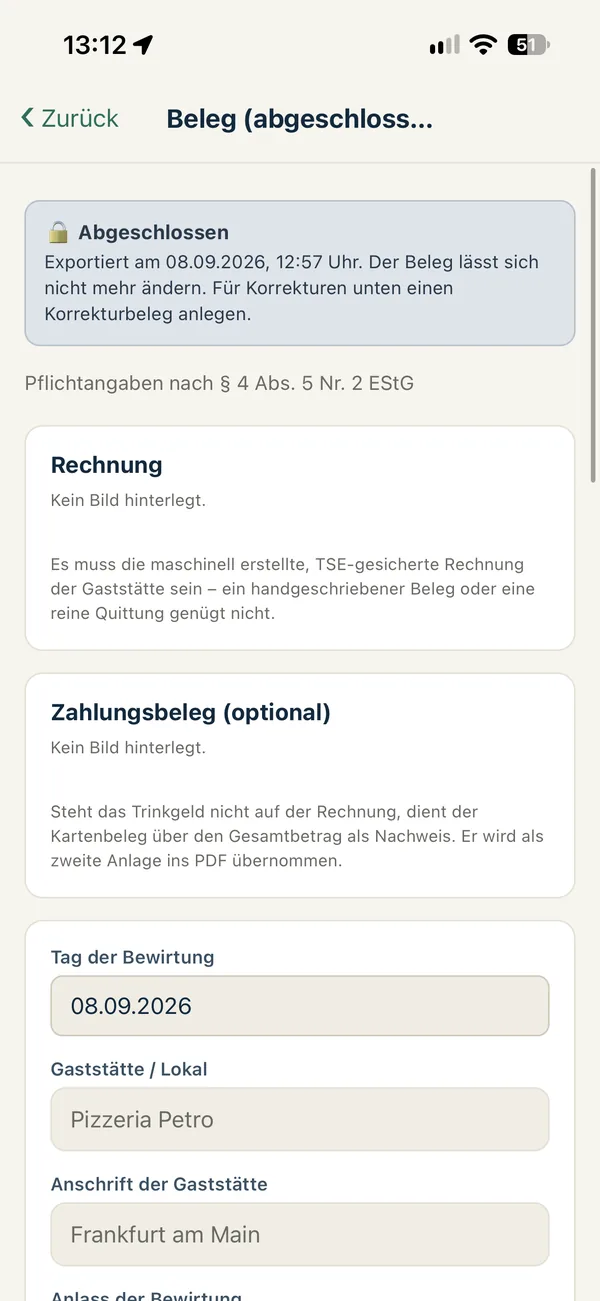 The app's form with the mandatory details under § 4 (5) no. 2 EStG.