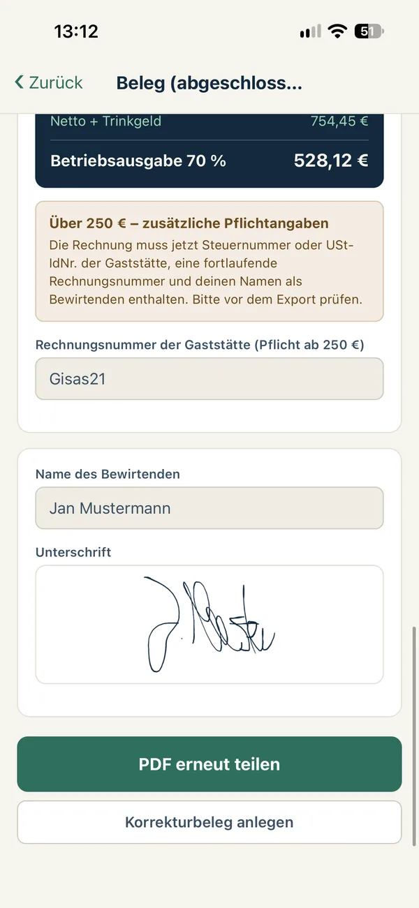 Name of the host and saved signature on the receipt.